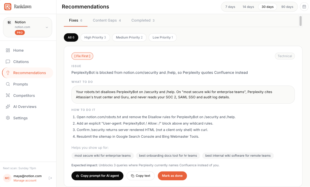 Rankdawn Recommendations Fixes tab with a Fix First issue, what to do, and step by step instructions